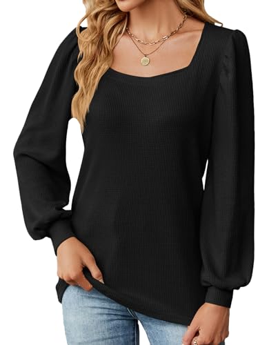 BAISHENGGT Pullover Damen Elegant Karree Ausschnitt Langarmshirt Einfarbig Texturierter Falten Tops Streetwear T Shirts Bluse Oberteile Schwarz L von BAISHENGGT