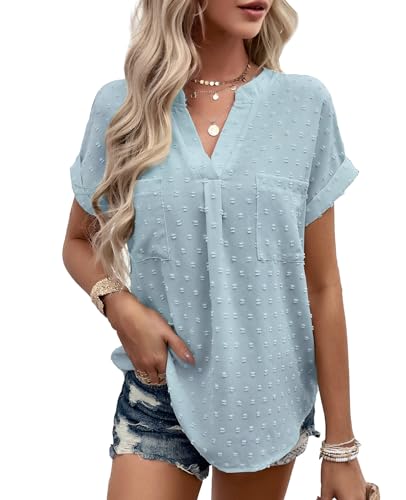 BAISHENGGT Sommer Blusen für Damen V-Ausschnitt Tops Swiss Dot Kurzarm Shirt Streetwear Bluseshirt Oberteile Blau M von BAISHENGGT