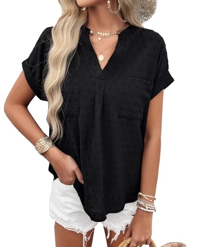 BAISHENGGT Sommer Blusen für Damen V-Ausschnitt Tops Swiss Dot Kurzarm Shirt Streetwear Bluseshirt Oberteile Schwarz M von BAISHENGGT