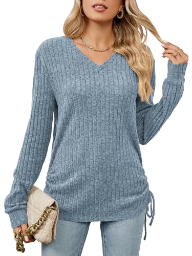 BAISHENGGT Unter das Eiche Damen V-Ausschnitt Langarmshirt Heidekraut Seite Faltenwurf mit Kordelzug Wochenende Spaziergang Strickpullover Himmelblau L von BAISHENGGT