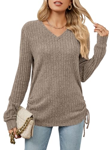 BAISHENGGT Unter das Eiche Damen V-Ausschnitt Langarmshirt Heidekraut Seite Faltenwurf mit Kordelzug Wochenende Spaziergang Strickpullover Khaki S von BAISHENGGT