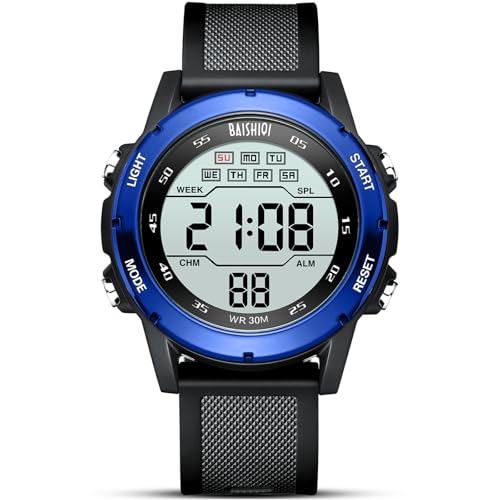 BAISHIOI Herren Digitaluhren Outdoor Multifunktionsuhren für Männer LED 30M Wasserdicht Alarm Kalender Herren Sportuhren mit Silikonband -Blau von BAISHIOI