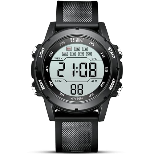 BAISHIOI Herren Digitaluhren Outdoor Multifunktionsuhren für Männer LED 30M Wasserdicht Alarm Kalender Herren Sportuhren mit Silikonband -Schwarz von BAISHIOI