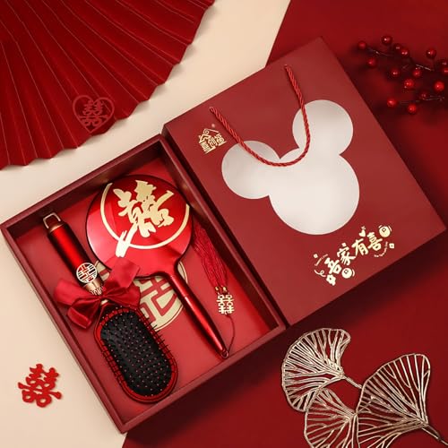 BAIWOVIS Chinesisches Hochzeitszubehör für Braut, Haarkamm, lockige Haarbürste und Handspiegel mit doppelter Glücksdekoration, rotes chinesisches Haar-Zubehör BAIWOVIS Chinesisches Hochzeitszubehör für Braut, Haarkamm, lockige Haarbürste und Handspiegel mit doppelter Glücksdekoration, rotes chinesisches Haar-Zubehör von BAIWOVIS