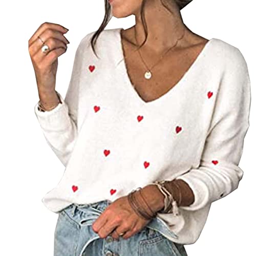 BAIXIAOCHI Damen Pullover Love Polka Dot Langarm V-Ausschnitt Loser Pullover Pullover von BAIXIAOCHI