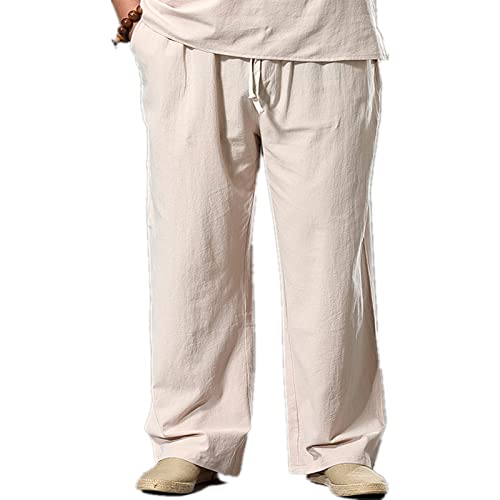 BAIYIT Große Größe Sommer Herren Baumwolle Tall Große Größen Weites Bein Leinenhose Übergroße Joggerhose Männlich Plus Größe Lose Hosen,Beige,3XL von BAIYIT