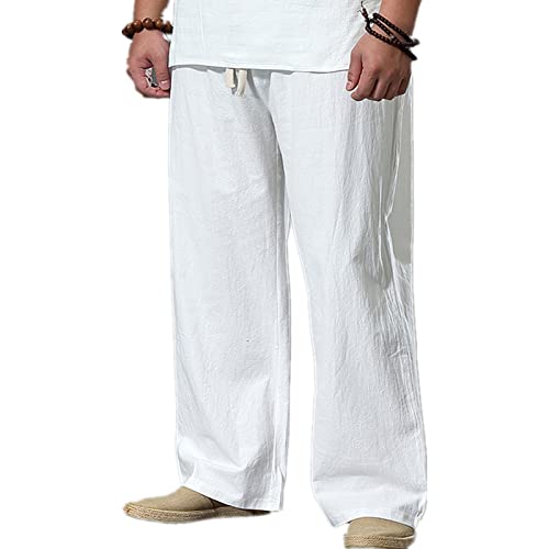 BAIYIT Große Größe Sommer Herren Baumwolle Tall Große Größen Weites Bein Leinenhose Übergroße Joggerhose Männlich Plus Größe Lose Hosen,White,4XL von BAIYIT