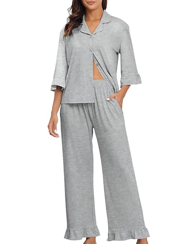 BAJAOEY Damen Schlafanzug Herbst Pyjama Set - Weiche Freizeit Nachtwäsche mit 3/4-Ärmeln und Weiten Hosen Hausanzug Pjs Set von BAJAOEY