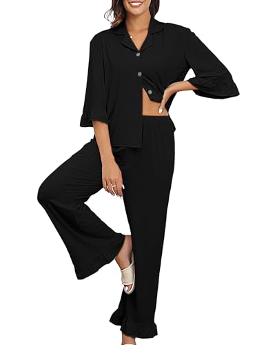 BAJAOEY Damen Schlafanzug Herbst Pyjama Set - Weiche Freizeit Nachtwäsche mit 3/4-Ärmeln und Weiten Hosen Hausanzug Pjs Set von BAJAOEY