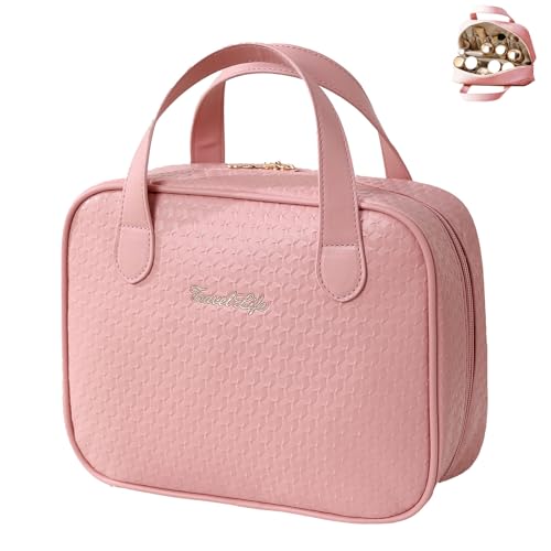 BAKLUCK Kosmetiktasche mit großem Fassungsvermögen, Make-up-Tasche mit Fächern, PU-Leder, wasserdicht, tragbar, Make-up-Tasche für Damen, mit Griff und Trennwand, Schwarz, Pink, Elegant von BAKLUCK