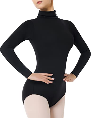 BAKPH Damen Tanzanzug Ballett Trikot Rollkragen Langarm Gymnastikanzug mit langlebigen Druckknöpfen, Schwarz, XL von BAKPH