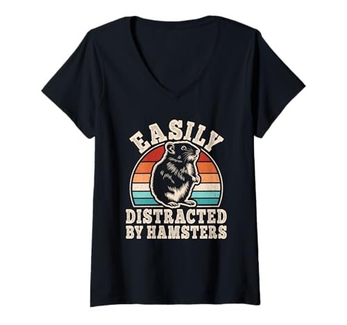 Damen Easily Distracted by Hamsters Retro Hamster Männer Frauen T-Shirt mit V-Ausschnitt von BALARI