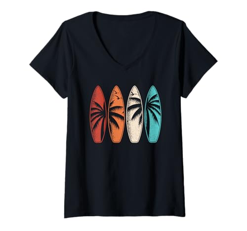 Damen Hawaii Surfbrett Tropisches Surfer Palmen Strand Retro T-Shirt mit V-Ausschnitt von BALARI