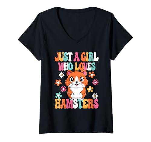 Damen Just A Girl Who Loves Hamsters Süßer Groovy Hamster Mädchen T-Shirt mit V-Ausschnitt von BALARI
