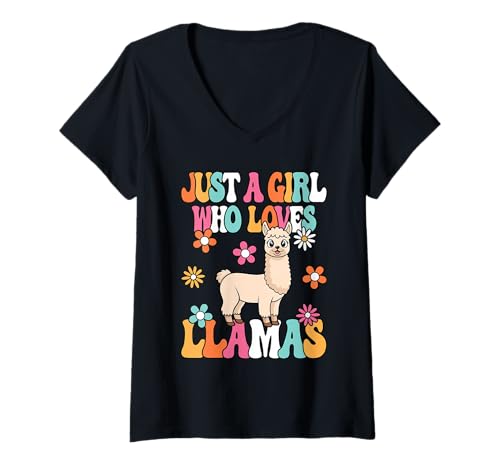 Damen Just A Girl Who Loves Llamas Süßes Groovy Lama Mädchen T-Shirt mit V-Ausschnitt von BALARI