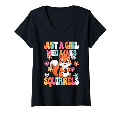 Damen Just A Girl Who Loves Squirrels Groovy Eichhörnchen Mädchen T-Shirt mit V-Ausschnitt von BALARI