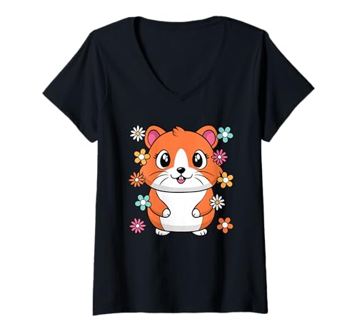 Damen Süßer Hamster Groovy Kawaii Frauen Mädchen Kinder T-Shirt mit V-Ausschnitt von BALARI