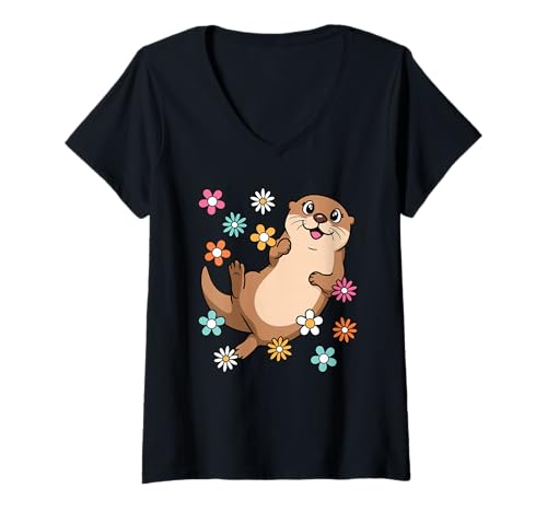 Damen Süßer Otter Liebhaber Groovy Kawaii Frauen Mädchen Kinder T-Shirt mit V-Ausschnitt von BALARI