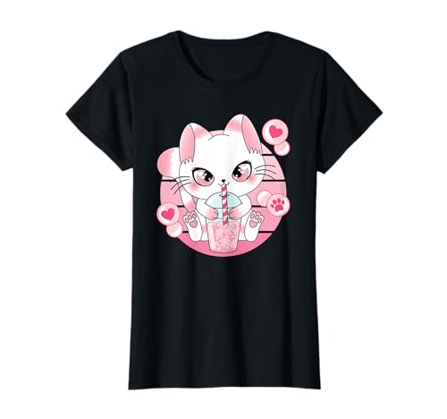 Japanisch Anime Katze Kawaii Bubble Tea Damen Mädchen Kinder T-Shirt von BALARI