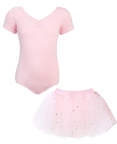 BALAYSIER Ballettkleidung Mädchen Kurzarm V-Ausschnitt Ballett Trikot und Abnehmbarem Rock mit Pailletten Ballerina Kleid Kinder 3-11 Jahre(Rosa,110) von BALAYSIER