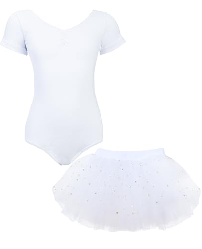 BALAYSIER Ballettkleidung Mädchen Kurzarm V-Ausschnitt Ballett Trikot und Abnehmbarem Rock mit Pailletten Ballerina Kleid Kinder 3-11 Jahre(Weiß,120) von BALAYSIER