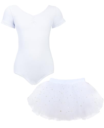 BALAYSIER Ballettkleidung Mädchen Kurzarm V-Ausschnitt Ballett Trikot und Abnehmbarem Rock mit Pailletten Ballerina Kleid Kinder 3-11 Jahre(Weiß,130) von BALAYSIER