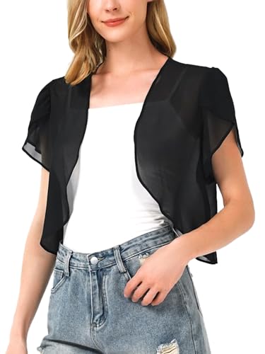 BALAYSIER Bolero Damen Festlich Kurzarm Chiffon Bolero Jacke Sommer Jacke für Abendkleid Transparent Offene Strickjacke(Schwarz, M) von BALAYSIER