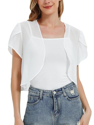 BALAYSIER Bolero Damen Festlich Kurzarm Chiffon Bolero Jacke Sommer Jacke für Abendkleid Transparent Offene Strickjacke(Weiß, XL) von BALAYSIER