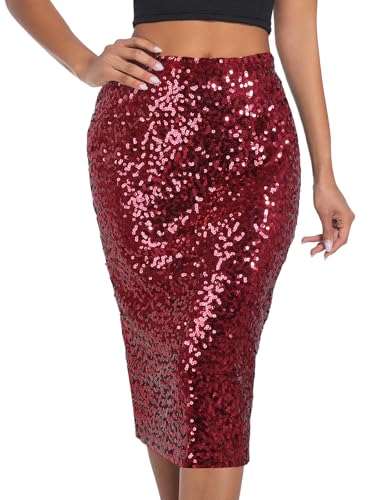 BALAYSIER Damen Glitzer Rock mit Futter Elastische Taille Pailletten Rock Midi Bleistiftrock für Bankette und Partys(Burgunderrot,XL) von BALAYSIER