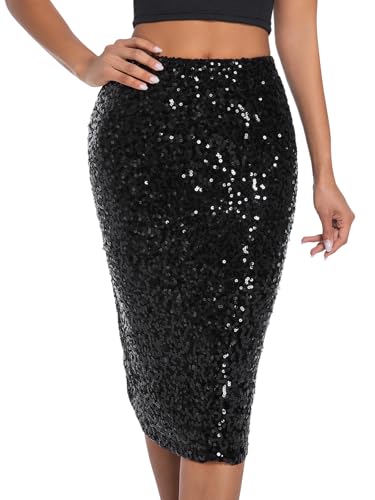 BALAYSIER Damen Glitzer Rock mit Futter Elastische Taille Pailletten Rock Midi Bleistiftrock für Bankette und Partys(Schwarz,L) von BALAYSIER