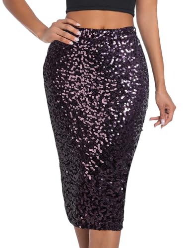 BALAYSIER Damen Glitzer Rock mit Futter Elastische Taille Pailletten Rock Midi Bleistiftrock für Bankette und Partys(Violett,L) von BALAYSIER