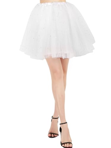 BALAYSIER Damen Tüllrock Gefüttert 4 Schichten Tütü Rock mit Stern-Pailletten Besetzt Hohe Elastizität Tüll Rock für Ballett Feste Karneval(Weiß) von BALAYSIER