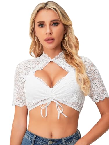 BALAYSIER Dirndl Bluse Damen Elegante Kurzarm Dirndlbluse Weiß mit V-Ausschnitt und Knöpfen Dirndlbluse Spitze für Oktoberfest(L) von BALAYSIER