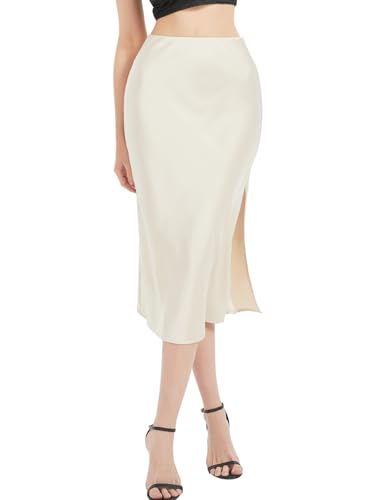 BALAYSIER Satin Rock Damen mit Seitenschlitz Midi Rock Versteckter Gummizug in der Taille Midirock(Beige,L) von BALAYSIER