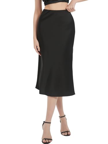 BALAYSIER Satin Rock Damen mit Seitenschlitz Midi Rock Versteckter Gummizug in der Taille Midirock(Schwarz,M) von BALAYSIER