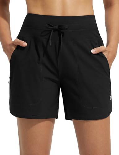 baleaf 5" Damen Badeshorts UPF50+ Badehosen schnelltrocknend Strandshorts mit Reißverschlusstasche Swimmingshorts Hohe Taille Schwarz XL von baleaf
