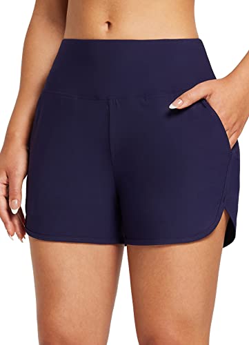 BALEAF Badehose Damen 3" Badeshorts High Waist Bikini Hose Bauch Weg Schwimmhose Schnelltrocknend Badepants mit Taschen UPF 50+ Dunkelblau XL von BALEAF