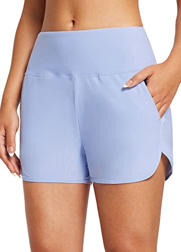 BALEAF Badehose Damen 3" Badeshorts High Waist Bikini Hose Bauch Weg Schwimmhose Schnelltrocknend Badepants mit Taschen UPF 50+ Hellblau XS von BALEAF