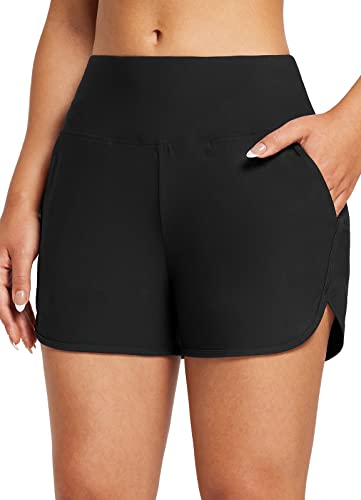 BALEAF Badehose Damen 3" Badeshorts High Waist Bikini Hose Bauch Weg Schwimmhose Schnelltrocknend Badepants mit Taschen UPF 50+ Schwarz 2XL von BALEAF