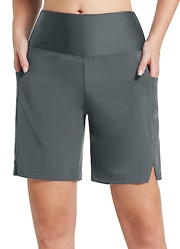 BALEAF Badeshorts Damen Lang Knielang Schnelltrocknend Badehose UV Schutz UPF 50+ Schwimmhose Hohe Taille Boardshorts mit Innenslip und Taschen Grau L von BALEAF