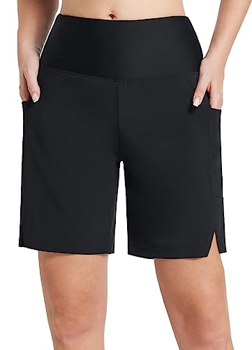 BALEAF Badeshorts Damen Lang Knielang Schnelltrocknend Badehose UV Schutz UPF 50+ Schwimmhose Hohe Taille Boardshorts mit Innenslip und Taschen Schwarz XS von BALEAF