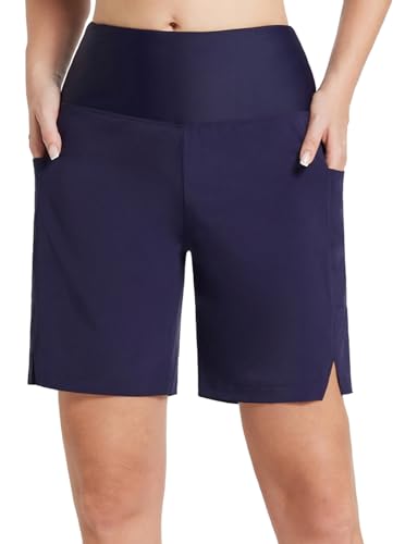baleaf Badeshorts Damen Lang Knielang Schnelltrocknend Badehose UV Schutz UPF 50+ Schwimmhose Hohe Taille Boardshorts mit Innenslip und Taschen Blau XL von baleaf