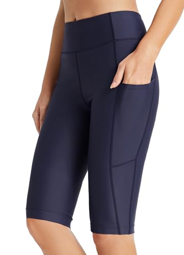 baleaf Badeshorts Damen Schwimmshorts Lang UV Shorts Bauchkontrolle Boardshorts Upf50+ Hohe Taille Schwimmunterteil mit Taschen Marinenblau L von baleaf