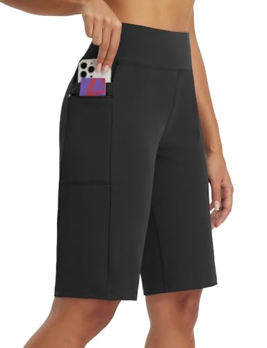 baleaf Damen 12" Bermudashorts Knielang Sommerhose kurz high Waist Freizeitshorts mit Taschen 7/8 Caprihose Schwarz 3XL von baleaf