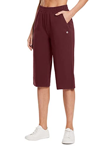 BALEAF Damen 17" Capri Yogahose mit Taschen Baumwolle weites Bein Workout Rot XL von BALEAF