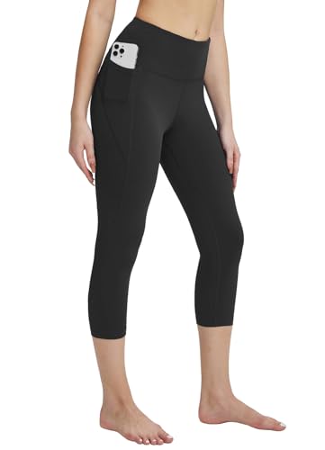 BALEAF Damen Capri Leggings 3/4 Yogahose Sporthose mit Handytaschen Innentasche am Taille, Trainingshose Sport Leggings Blickdicht Atmungsaktiv Schwarz L von BALEAF