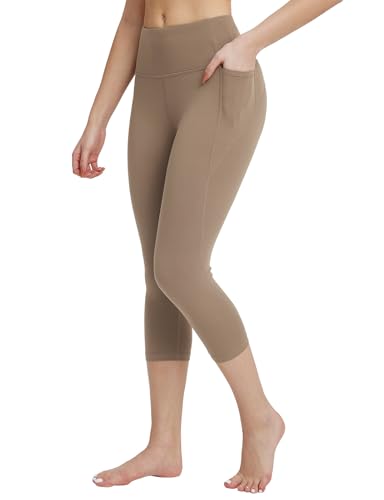 baleaf Damen 3/4 Yogahose mit Handytaschen Laufhose Sporthose Sport Leggings Braun XL von baleaf