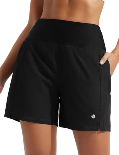 baleaf Damen 5" Badeshorts Badehose mit Reißverschlusstaschen Badeshorts Sonnenschutz UPF 50+ Swimmingshorts schnell trocknend Schwarz XXL von baleaf