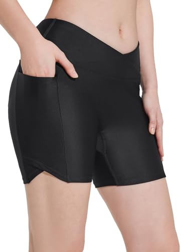 BALEAF Damen 5" Badeshorts Bottoms Cross Taille Bauchkontrolle Quick Dry UPF50+ Badeanzug mit Innentaschen Schwarz L von BALEAF