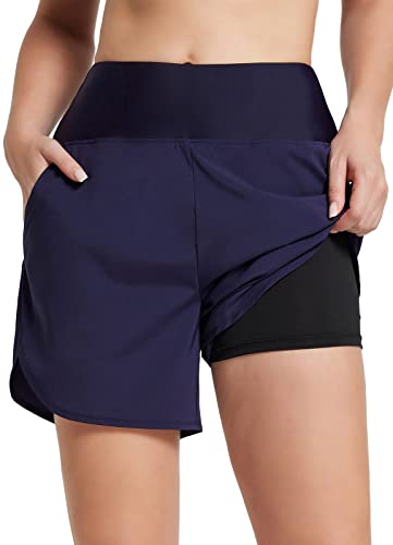 BALEAF Damen 5" Badeshorts hoch taillierte Boardshorts schnell trocknende Badehose Trunks UPF 50+ Strandshorts mit Liner Dunkelblau 2XL von BALEAF